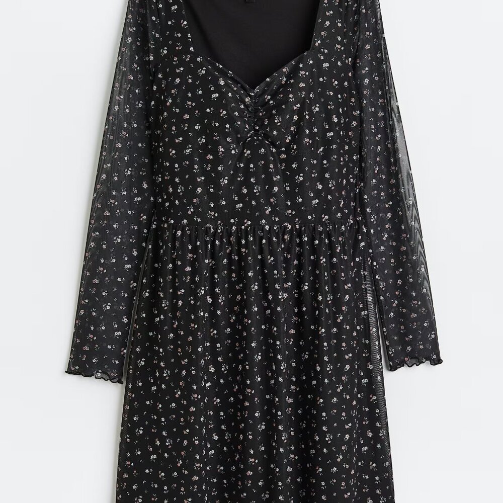 NWOT - H&M Mesh Floral Long Sleeve Dress - Size Small - Black